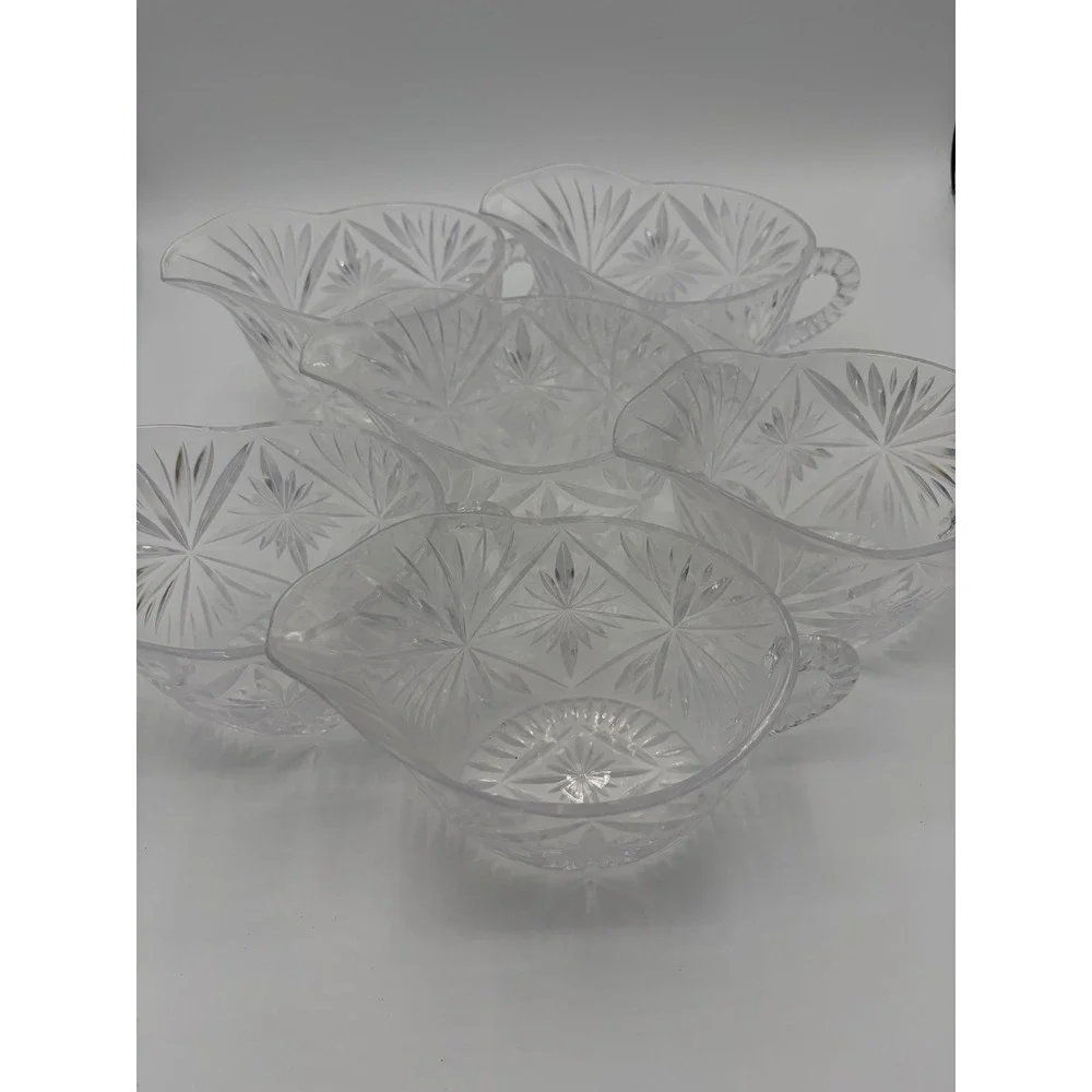 Vintage Set of 6 Pressed Starburst Diamond Pattern Clear Pitchers